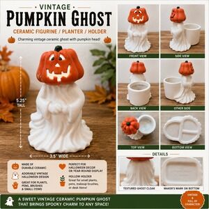 Vintage 1984 Ceramic Pumpkin Ghost Figurine Planter Halloween Decor Japan 5.25"